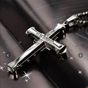 Stainless Steel Silver Unisex Cross Necklace with Diamonds